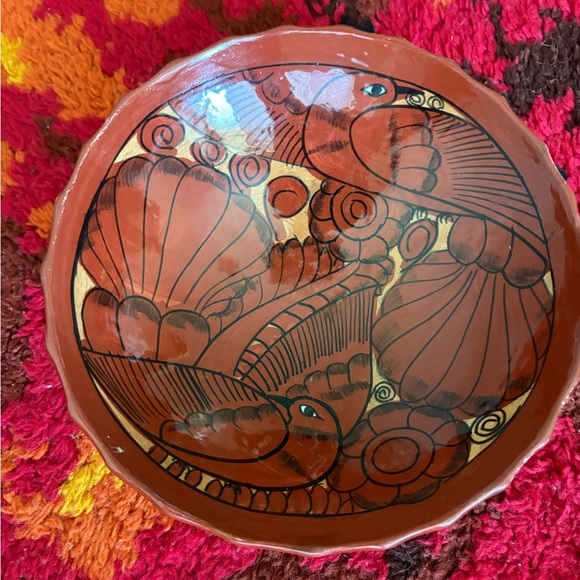Brown Ceramic Art Bowl with Floral Motifs Mexican Terracotta - Picture 4 of 8